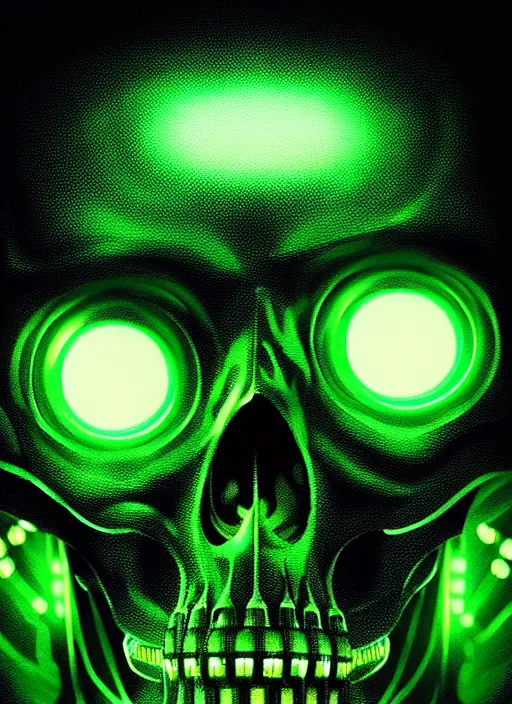 Image similar to extreme close up, portrait of a cyber skeleton, green glowing runes, exuding green energy runes, intricate, elegant, eerie lights, grim dark, ancient, gloomy, atmospheric, highly detailed, digital painting, artstation, concept art, smooth, sharp focus, illustration, art by wlop, mars ravelo and greg rutkowski