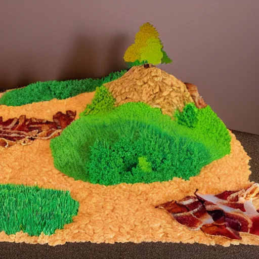 Prompt: landscape made out of breakfast foods. oatmeal mountains, orange juice river, bacon trees. photorealistic, tilt shift effect, 3 5 mm