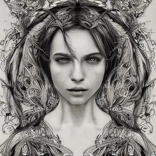 Image similar to the portrait of an incredibly beautiful, graceful, elegant, and sophisticated young woman made of garlic bulbs, an ultrafine detailed illustration by james jean, intricate linework, bright colors, final fantasy, behance contest winner, vanitas, angular, altermodern, unreal engine 5 highly rendered, global illumination, radiant light, detailed and intricate environment