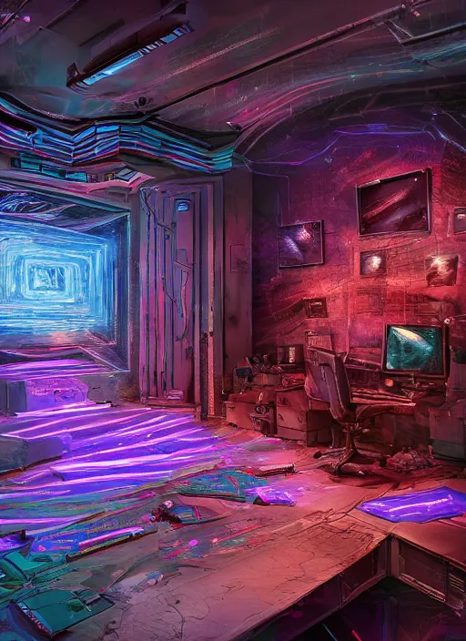 Image similar to cinematic shot epic cyberroom, hyper realistic, mood lighting, fantasy, detailed creations, highly detailed, super realistic, perfect lighting pixel sorting, style sheet