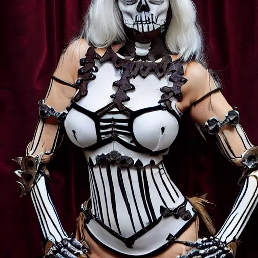 Prompt: a beautiful woman skeleton wearing bikini armor, cosplay