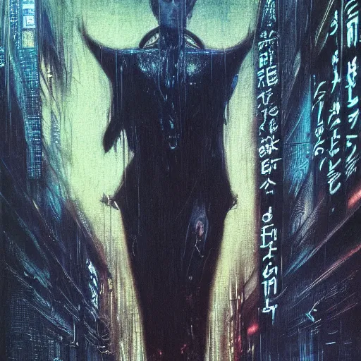 Prompt: realistic detailed image of Neo in Blade Runner by Ayami Kojima, Amano, Karol Bak, Greg Hildebrandt, and Mark Brooks, Neo-Gothic, gothic, rich deep colors. Beksinski painting, part by Adrian Ghenie and Gerhard Richter. art by Takato Yamamoto. masterpiece