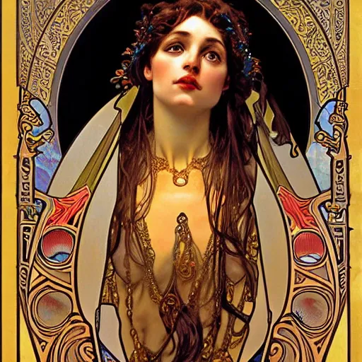 Prompt: realistic detailed face portrait of Salome by Alphonse Mucha, Greg Hildebrandt, and Mark Brooks, gilded details, spirals, Neo-Gothic, gothic, Art Nouveau, ornate medieval religious icon