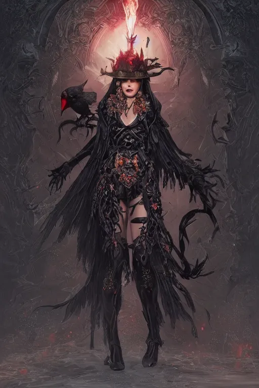 Prompt: fantasy full body shot, witch with 4 eyes, black hair, crow helmet, floral dress, intricate detail, photorealistic, elegant, stylish, highly detailed, digital painting, artstation, concept art, smooth, sharp focus, illustration, art by artgerm and greg rutkowski and terese nielsen, fire scheme