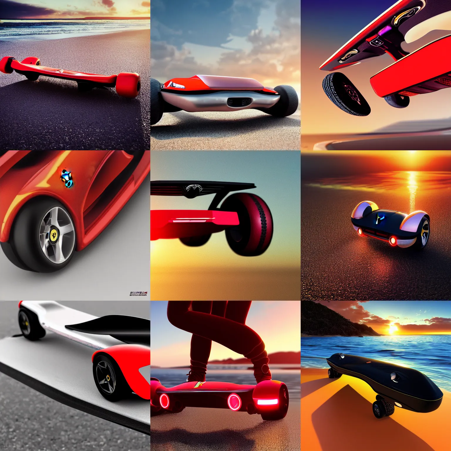 Prompt: a closeup photorealistic image of a beautiful ferrari themed hoverboard. beach, sunset. concept art. fine detail. this 4 k hd image is trending on artstation, featured on behance, well - rendered, extra crisp, features intricate detail, epic composition and the style of unreal engine.