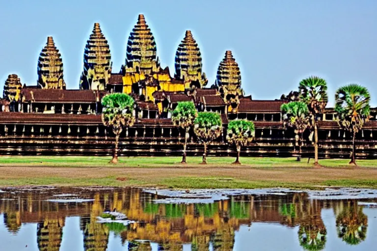 Image similar to Angkor Wat in 1253 covered in white marble and gold, surrounded by a large village, full of people, colorized historical grainy photograph, highly detailed, historically accurate