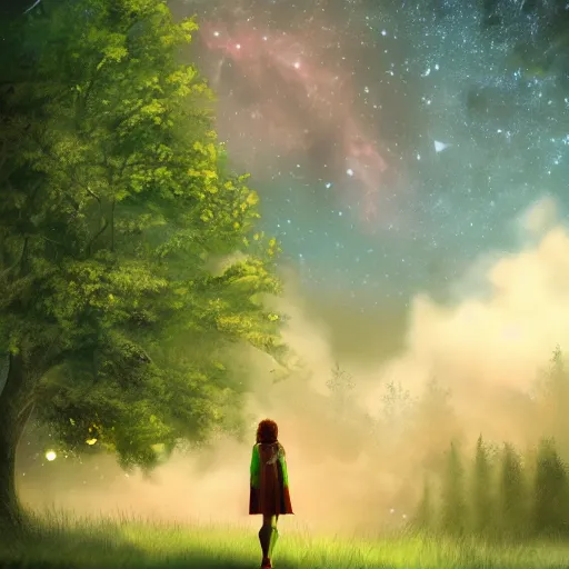 Image similar to an hd photo of a young woman with short brown hair and green eyes, beautiful trees in the background, night sky with stars and galaxies, trending on artstation