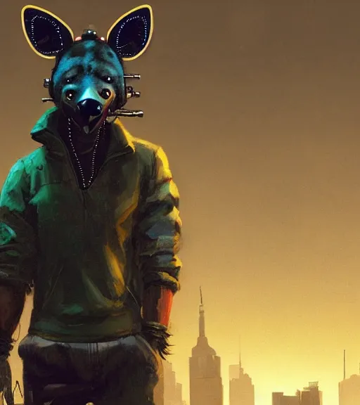 Image similar to new york city portrait of bad boy furry anthro anthropomorphic spotted hyena head animal person fursona wearing clothes strange cybernetic muzzle gloomy rainy screenshot from the video game cyberpunk 2077 digital art by Greg Rutkowski, Simon Stalenhag, christopher nolan trending on Artstation, CGSociety