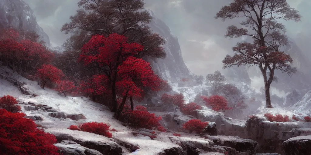 Image similar to A beautiful oil painting of a rocky valley covered in snow, trees with red leaves, thunderstorm in the sky, blue lighting, gloomy, atmospheric lighting, detailed, by greg rutkowski, trending on artstation