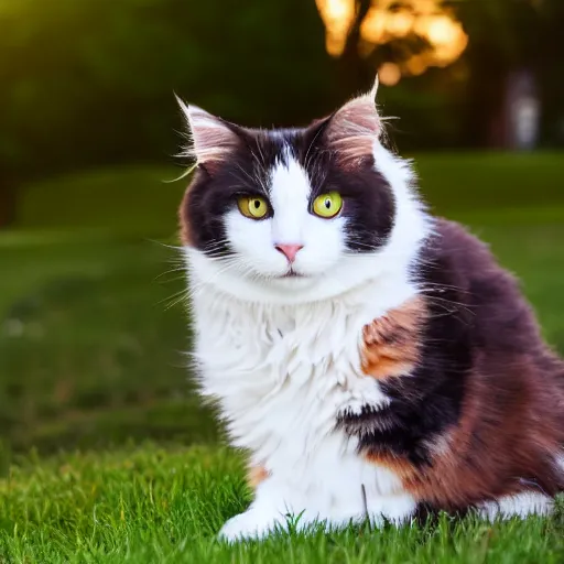 Image similar to a fluffy cute calico cat sitting on the corner of a front yard outside in the late afternoon on a beautiful summer day, sunset