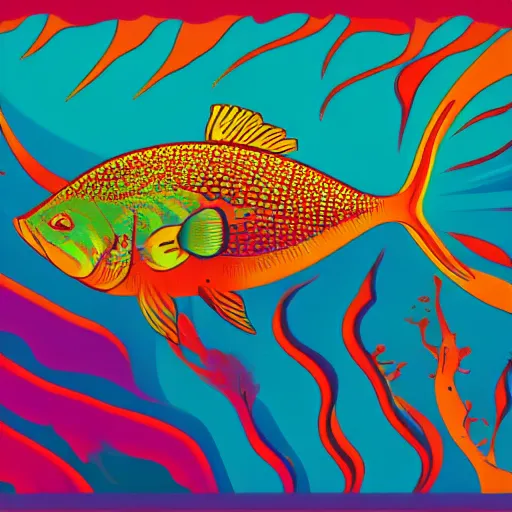 Image similar to one stylized fish with saturated colors viewed in profile in the ocean filled with very desaturated colors and complex sparkles and patterns, artstation, intricate, realistic, highly detailed, digital painting, concept art, sharp focus, illustration by tom whalen and charles williams and kilian eng and james jean
