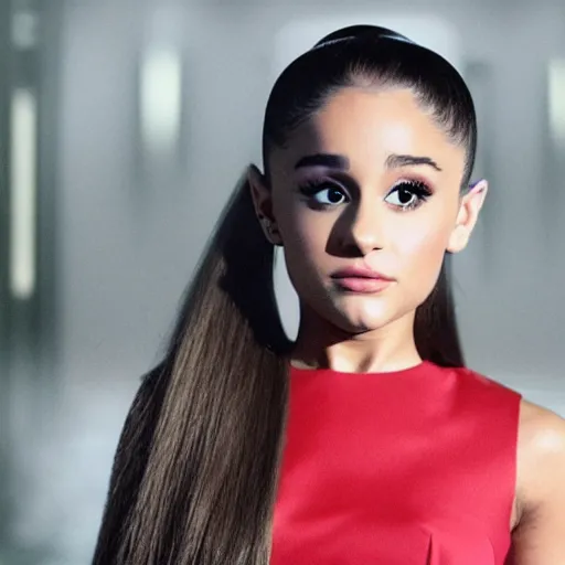 Image similar to a cinematic photo of ariana grande as a down syndrom person