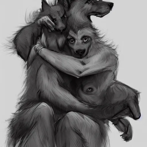 Image similar to two humanoid german shepherds beast - men, sitting on a couch and hugging together, artstation, concept art, smooth, sharp foccus ilustration, artstation