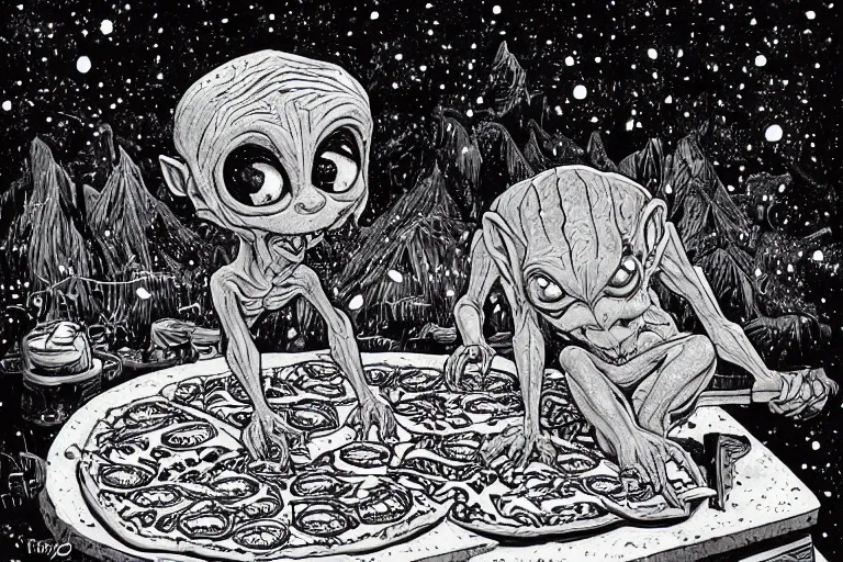 Image similar to a highly detailed gollum making pizza! in the winter, snow filled landscape, pizza oven burning in the background, black sky, post - apocalyptic vibe, full body, wide angle, an ultrafine detailed painting by joe fenton, trending on deviantart, pop surrealism, whimsical, lowbrow, perfect symmetrical face, sharp focus, octane, masterpiece