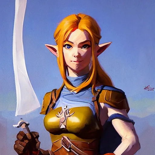 Prompt: greg manchess portrait painting of partially armored female link from legend of zelda as overwatch character, medium shot, asymmetrical, profile picture, organic painting, sunny day, matte painting, bold shapes, hard edges, street art, trending on artstation, by huang guangjian and gil elvgren and sachin teng