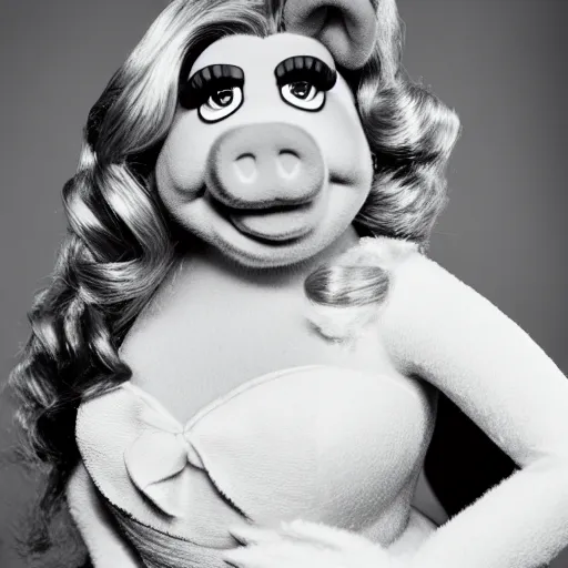 Image similar to professional black and white glamour shot photography of miss piggy, stunning, 4 k