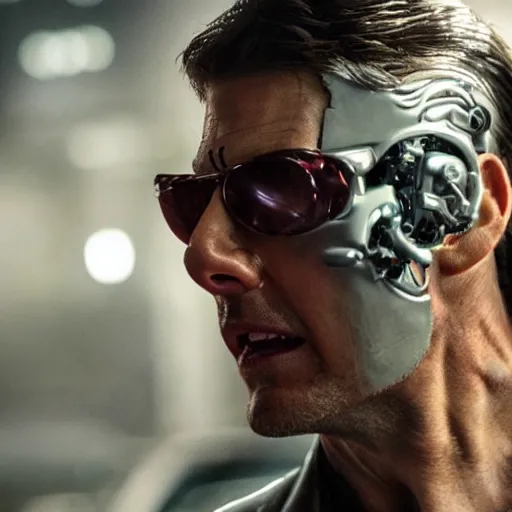 Prompt: tom cruise as a cyborg in cyperpunk 2 0 7 7, unmasked, movie still, cinematic, photorealistic, extreme detail, facial features, sharp focus, 8 k, rain, close up, anamorphic lens, lighting, dark, dystopia