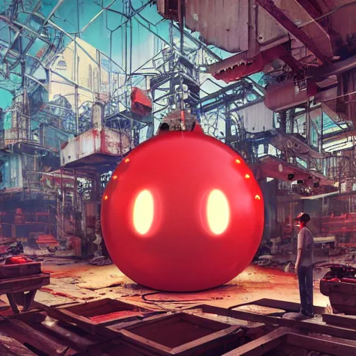 Image similar to a giant mickey mouse head, factory floor, surrounded by factory workers, octane render, cgstation, 3 d render, very detailed, mindblowing, blood and guts, gritty, cyberpunk, cinematic lighting, hyper realism