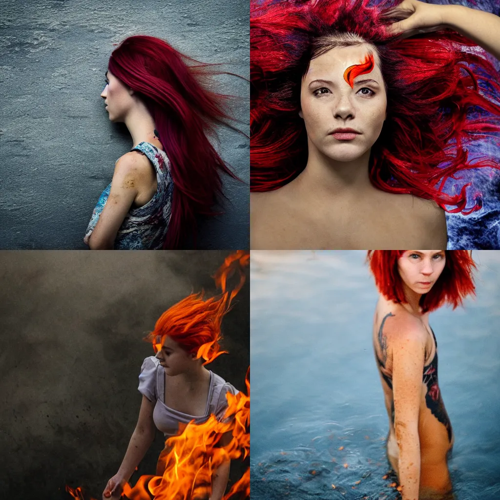 Prompt: a girl with fire hair swimming in ashes