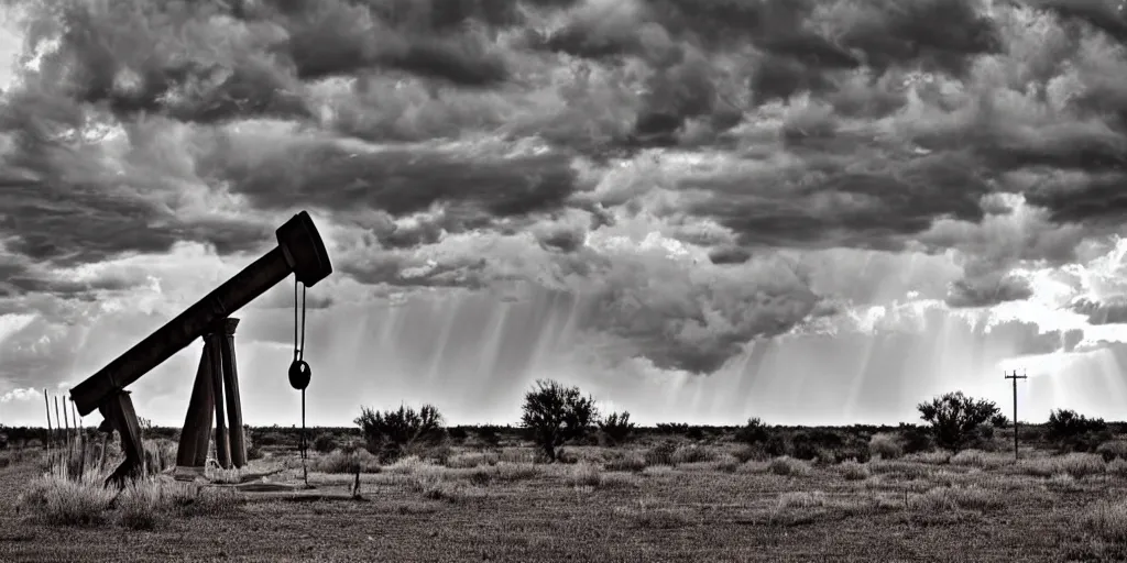 Image similar to photo of a stormy west texas sunset, perfect rustic ( ( pumpjack ) ), x - pan, high resolution lightning, golden hour, high detail, beautiful!!!