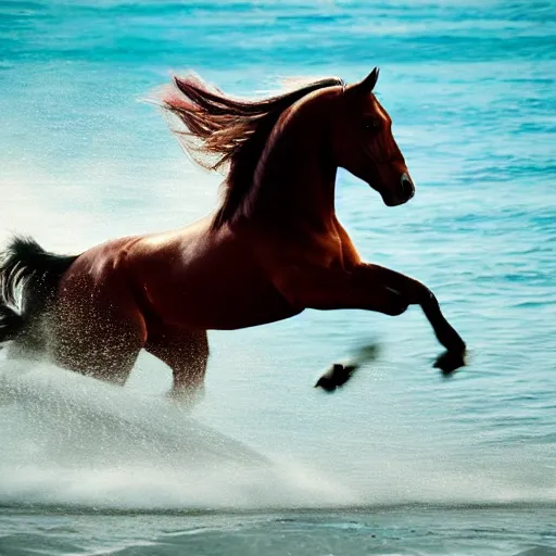 Prompt: a horse prancing in the ocean, cinematic shot