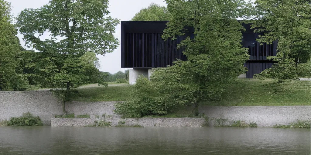 Prompt: a house by the river rhein close to mumpf designed by peter zumthor, beautiful ambient light, silver hour