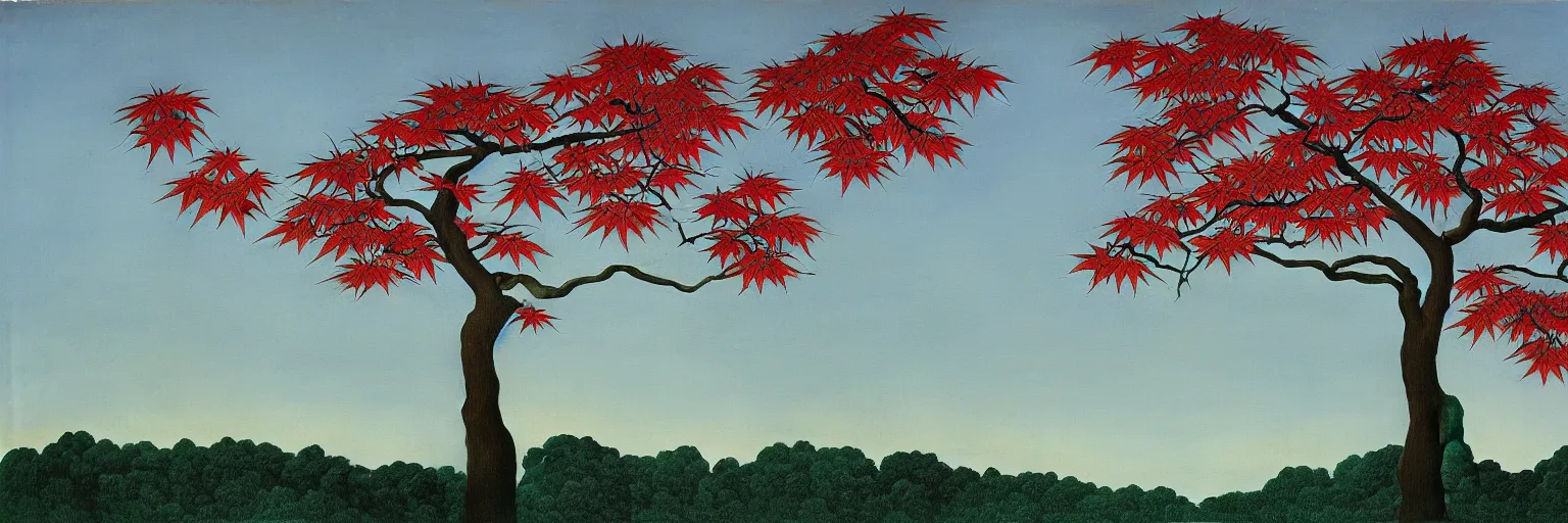 Prompt: crane japanese maple tree painting magritte