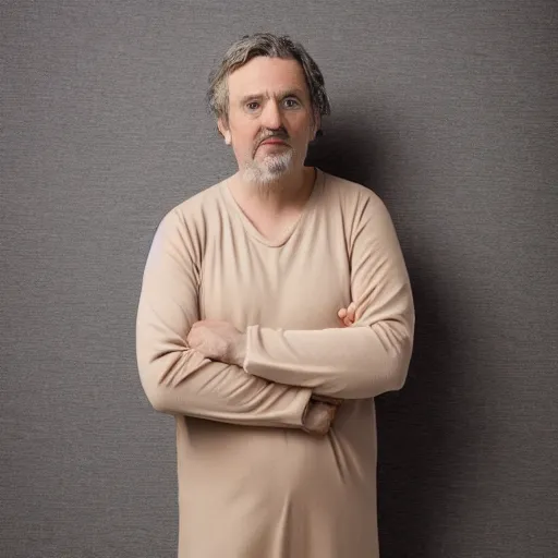 Prompt: richard iv the roman king, real human wearing beige elastic cashmere pyjama, soft studio lighting, sigma lens photo,