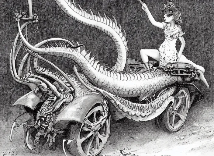 Image similar to illustration, real dragon with steam punk tanks and pipes on its side, white background, Charles Dana Gibson, Olivia Kemp