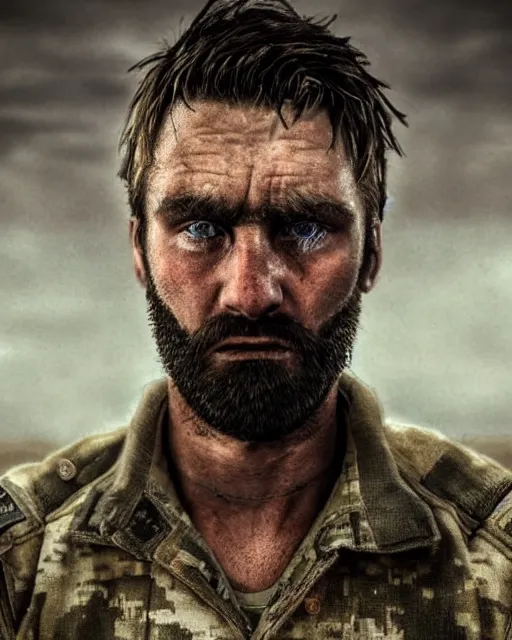 Image similar to portrait of muscular, tired and alcoholic 3 0 - year - old grieving man with short darkblonde hair, serious sad look in his eyes, looking down, dirty beard, blue eyes, crying tears, wearing dirty soldier uniform, on the desert, sad atmosphere, hyper realistic face, character art, art by mark brooks, cryengine, trending on artstation, digital art