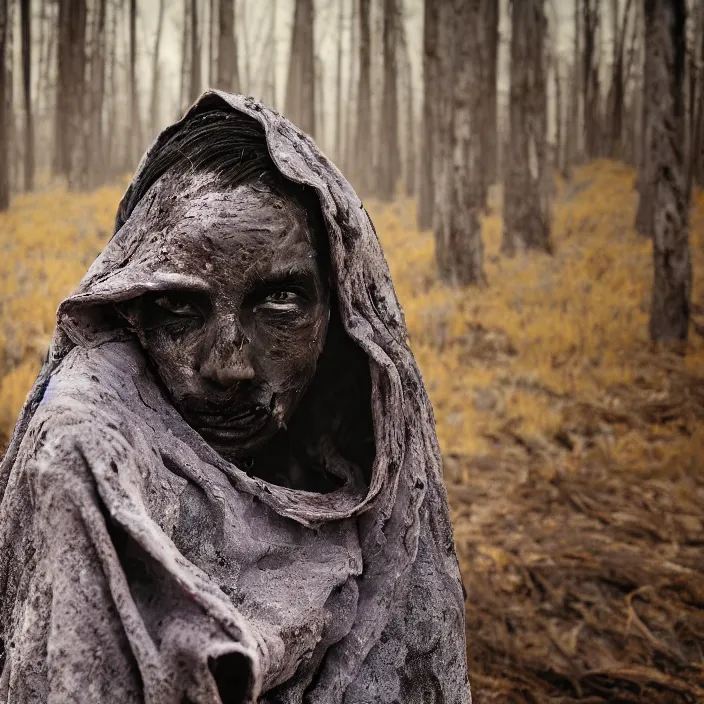 Prompt: closeup portrait of a woman wearing a cloak made of lavender and scrap metal in a charred, burnt forest, by Annie Leibovitz and Steve McCurry, natural light, detailed face, CANON Eos C300, ƒ1.8, 35mm, 8K, medium-format print