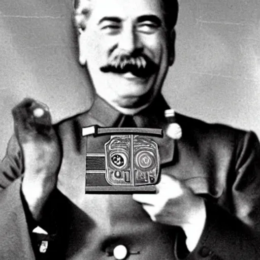 Image similar to Old photograph of Stalin excitedly holding up a Tamagotchi