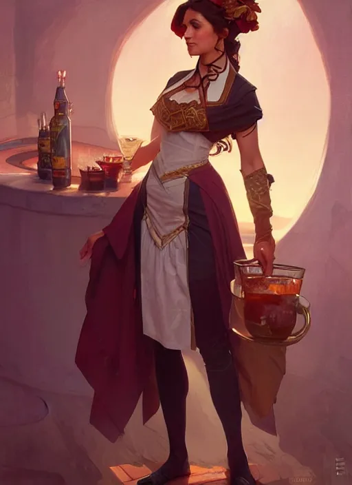 Prompt: a fantasy setting barkeep in customary attire, highly detailed, digital painting, artstation, concept art, smooth, sharp focus, illustration, art by artgerm and greg rutkowski and alphonse mucha