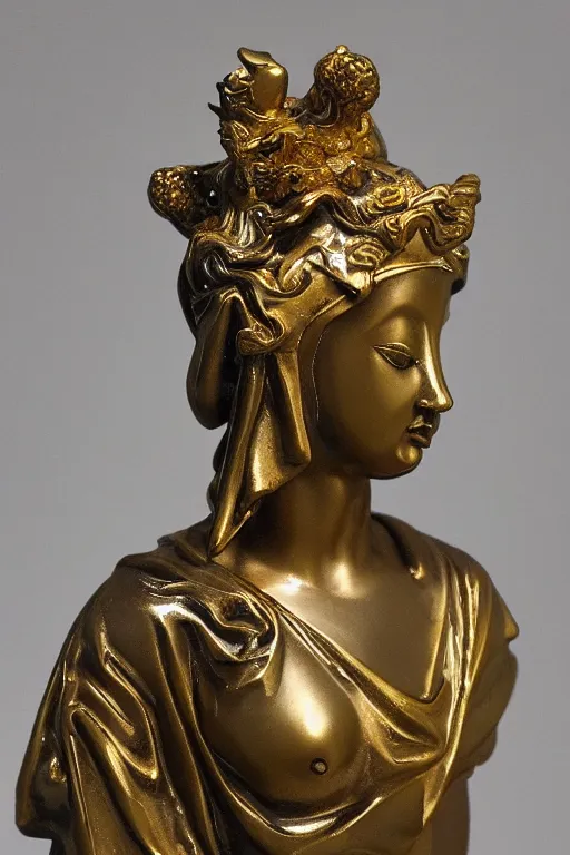 Prompt: mnemosine goddess statue sculpted in polished chinese porcelain with gold foils covering his head, made by antonio corradini, ultrarealistic, detailed, 8 k