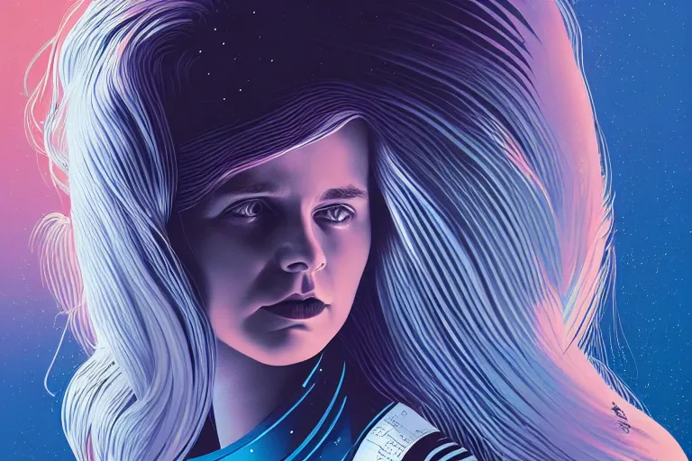 Image similar to editorial illustration by Karolis Strautniekas and Mads Berg , full body portrait of a young astronaut girl with flowing white hair, colorful, fine texture,detailed, muted colors,film noir, dramatic lighting, dynamic composition,moody, vivid, matte print,moody