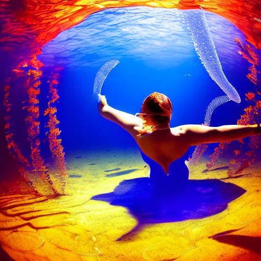 Prompt: masterpiece wide angle portrait of a beautiful woman swimming with jellyfish, dynamic lighting, colored, translucent, national geographic