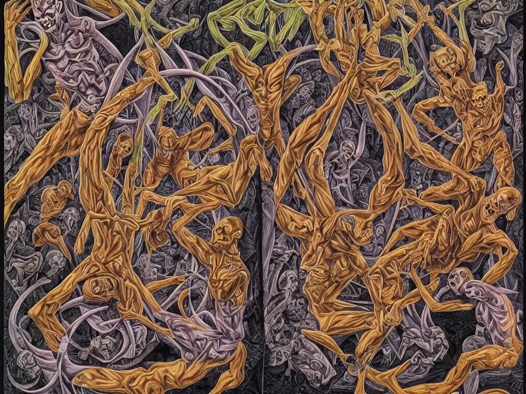 Image similar to transformation through death by Alex Grey and M. C. Escher collaboration