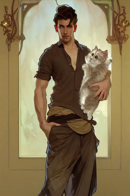 Image similar to full body portrait of a single beautiful young fit man, modern haircut, open shirt, large pants, holding a kitty in his arms, by greg rutkowski and alphonse mucha, d & d character, in front of a modern room background, highly detailed portrait, digital painting, artstation, concept art, smooth, sharp focus ilustration, artstation hq