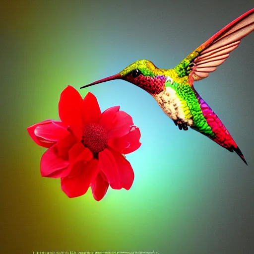 Image similar to magical realism painting of colorful iridescent hummingbird sipping nectar from red flower photo realistic 3d render