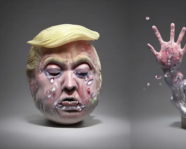 Prompt: a massive porcelain sculpture of a surreal distorted donald trump vomiting jelly from the mouth on the ocean water, in the style of johnson tsang, grotesque sculpture, lucid dream series, cinematic, hyper - realistic, very detailed, realistic water splashes, ray tracing, 8 k resolution, long - shot, sharp focus, low angle, 8 5 mm photograph, wide lens