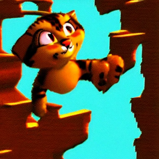 Image similar to Bubsy the Bobcat falling from a great height on to spikes, screenshot from the Atari Jaguar 1999, upward facing camera