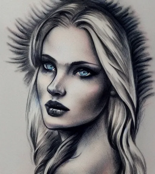Image similar to tattoo design sketch of a beautiful blue - eyed woman face with a faded background of beautiful mountains and nature on her side, hyper - realistic, in the style of den yakovlev, amazing detail, black and white