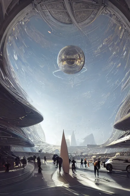 Prompt: magnificent clean and well-lit sci-fi spherical building, intricate, elegant, volumetric lighting, digital painting, highly detailed, artstation, sharp focus, sunny day, utopia, open space, illustration, concept art, ruan jia, steve mccurry