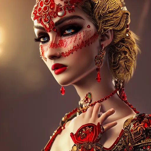 Image similar to wonderful princess with smooth fair skin, alluring eyes, red eyeshadow, red jewelry, breathtaking, elegant, intricate, ornate backdrop, hyper detailed, accent lighting, 4 k glamour photography, octane render