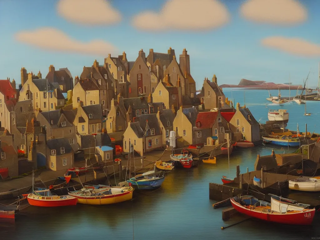 Image similar to A detailed oil painting of a beautiful Scotland fishing town, harbour, boats, in the style of Michiel Schrijver, isometric, pastel colors