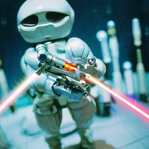 Prompt: a close up instructional well lit photograph of a sci for spaceship battle command showing off various laser blasters and sound cannons to an alien Kodachrome