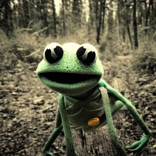 Prompt: scary trail camera photo of kermit the frog at night!!!!!! walking in the forest. blury. flash