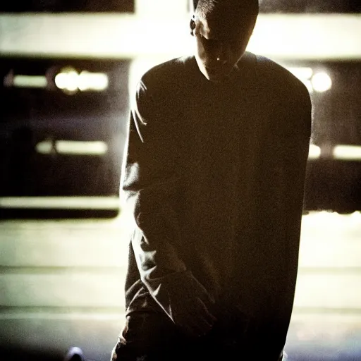 Prompt: photo eminem rapping in the rain, dramatic lighting, high contrast,
