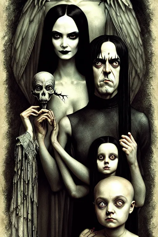 Prompt: addams family group picture, gothic, realistic portrait, ethereal, soft clean focus, art by emil melmoth, gustave dore, craig mullins, yoji shinkawa, art germ, pete morbacher, david lynch, hyper detailed, high detail, artstation, hyperrealistic, unreal