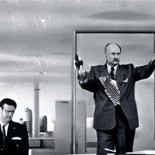 Image similar to Alexander Lukashenko in Dr. Strangelove or: How I Learned to Stop Worrying and Love the Bomb, cinematic still